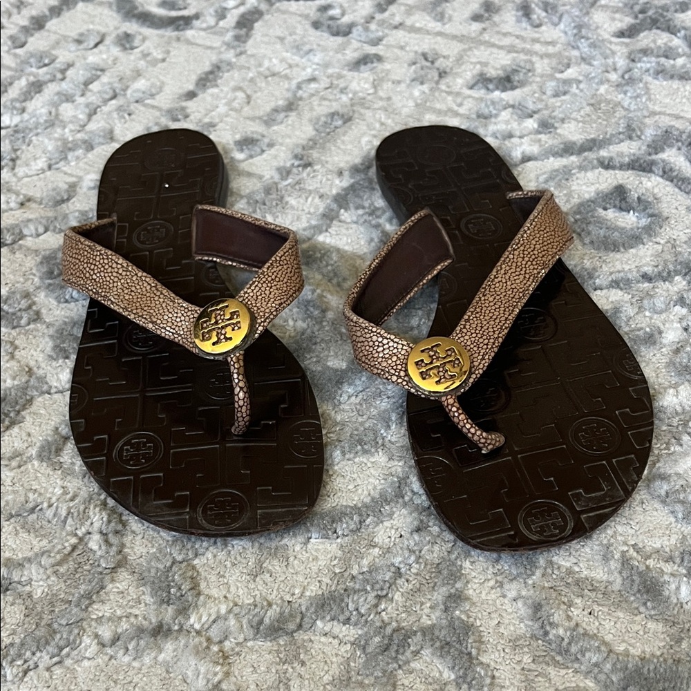 Tory Burch Brown Sandals with Gold Emblem